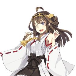 Rule 34 | 10s, 1girl, ahoge, black eyes, blush, brown hair, detached sleeves, double bun, hairband, hao (patinnko), japanese clothes, kantai collection, kongou (kancolle), long hair, nontraditional miko, one eye closed, open mouth, personification, ribbon-trimmed sleeves, ribbon trim, solo, tears, transparent background, wide sleeves, wink