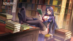 Rule 34 | 1girl, asymmetrical sleeves, black hair, book, bookshelf, breasts, character request, cleavage cutout, clothing cutout, copyright name, cross-laced clothes, cross-laced dress, desk, dress, echocalypse, feet on table, gold bracelet, highres, holding, holding book, large breasts, library, long hair, multicolored clothes, multicolored dress, nima (niru54), official art, side-tie dress, sitting, solo, thighhighs, yellow eyes