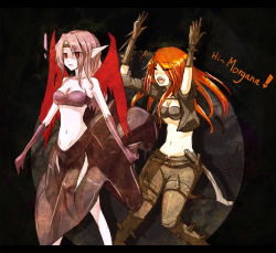 Rule 34 | !, 2girls, bandeau, bare shoulders, beancurd, blade, blush, bottle, breasts, cleavage, closed eyes, dagger, demon girl, dress, drunk, elbow gloves, english text, gloves, hands up, headband, katarina (league of legends), knife, league of legends, midriff, morgana (league of legends), multiple girls, navel, pink hair, pointy ears, red eyes, red hair, riot games, simple background, skirt, skirt flip, smile, spikes, sword, weapon, wings