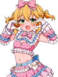 Rule 34 | 1girl, back bow, belt, blonde hair, blue belt, blue bow, blush, bow, bowtie, breasts, cleavage, crop top, detached sleeves, dot nose, flat chest, frilled shirt, frilled skirt, frilled sleeves, frills, gloves, green eyes, hair between eyes, hair bow, hands up, idolmaster, idolmaster cinderella girls, looking at viewer, medium hair, midriff, navel, open mouth, pink bow, pink bowtie, pink shirt, pink skirt, pink sleeves, print shirt, print skirt, sakurai momoka, shirt, sidelocks, sinjin 46, skirt, smile, solo, twintails, white background, white gloves