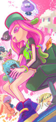 Rule 34 | 1girl, absurdres, artist name, bag, bag of chips, black shirt, blunt bangs, bracelet, chair, character request, chips (food), clownfish, commentary request, copyright name, drooling, eyelashes, fish, food, from below, gradient hair, green eyes, green hair, harmony&#039;s clownfish (splatoon), harmony (splatoon), highres, holding, holding food, jewelry, long hair, looking down, multicolored hair, nintendo, open mouth, outline, pink background, pink hair, pixel art, potato chips, print shirt, purple footwear, purple outline, shirt, shoes, short sleeves, sitting, skirt, sneakers, splatoon (series), splatoon 3, splatter background, swivel chair, t-shirt, tentacle hair, twitter username, watermark, white background, yellow skirt, you8 pen