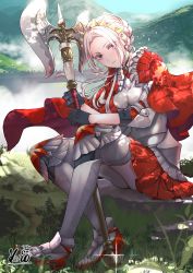 Rule 34 | 1girl, axe, blush, breasts, cape, closed mouth, edelgard von hresvelg, fire emblem, fire emblem: three houses, fire emblem warriors: three hopes, gloves, hair ornament, hair ribbon, kero sweet, long hair, looking at viewer, nintendo, official alternate costume, purple eyes, red cape, ribbon, simple background, solo, uniform, water, white hair