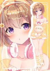 Rule 34 | 1girl, :p, absurdres, animal slippers, asagi shiki (artist), blush, bow, breasts, brown hair, camisole, cleavage, close-up, collarbone, dotted background, drawstring, flower, full body, hair between eyes, hair bow, hair flower, hair ornament, hairband, hairclip, headphones, headphones around neck, highres, hinata yuka, holding, holding stuffed toy, indie virtual youtuber, jacket, looking at viewer, medium breasts, multiple views, off shoulder, orange bow, orange hairband, pajamas, parted lips, pink headphones, pink ribbon, polka dot camisole, purple eyes, ribbon, short hair, short shorts, shorts, slippers, socks, solo, standing, striped clothes, striped socks, stuffed animal, stuffed toy, tongue, tongue out, virtual youtuber, white camisole, white socks, yellow background, yellow jacket, yellow shorts, yellow socks, zoom layer