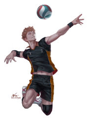 Rule 34 | 10s, 1boy, armband, artist name, ball, full body, groin, haikyuu!!, hinata shouyou, in-hyuk lee, jumping, legband, male focus, navel, orange eyes, orange hair, realistic, shoes, signature, sneakers, solo, sportswear, toned, toned male, veins, volleyball, volleyball (object), volleyball uniform, wristband