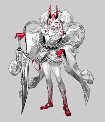 Rule 34 | 1girl, bare legs, breasts, facial tattoo, fate/grand order, fate (series), fingernails, full body, grey background, greyscale, hair ornament, hand on hilt, hand on own hip, highres, holding, holding sword, holding weapon, horns, ibaraki douji (fate), japanese clothes, kimono, leg tattoo, long hair, long sleeves, looking at viewer, monochrome, off shoulder, oni horns, open mouth, sharp fingernails, simple background, single bare shoulder, small breasts, solo, spot color, standing, stirrup legwear, sword, tattoo, tenobe, third eye, toeless legwear, weapon, wide sleeves, yellow eyes