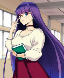 Rule 34 | 1girl, adjusting eyewear, alternate costume, aoba (smartbeat), bespectacled, blue eyes, book, breasts, casual, choker, collarbone, contemporary, cross, earrings, fate/grand order, fate (series), glasses, hallway, highres, holding, holding book, indoors, jewelry, large breasts, lipstick, long hair, looking at viewer, makeup, martha (fate), microsoft windows, pink lips, purple hair, red choker, red skirt, rimless eyewear, shirt, skirt, solo, very long hair, watch, white shirt, wristwatch