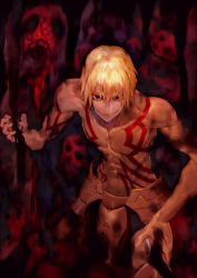 Rule 34 | 1boy, abs, armor, blonde hair, bob (biyonbiyon), crazy eyes, emaciated, fate/stay night, fate (series), faulds, ghost, gilgamesh (fate), grin, hair between eyes, highres, holy grail, looking at viewer, male focus, parted lips, red eyes, topless male, smile, solo, standing, tattoo