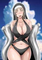 Rule 34 | beach, black one-piece swimsuit, breasts, closed eyes, coat, collar, day, grey hair, happy, large breasts, nijisanji, one-piece swimsuit, open mouth, sister claire, sister claire (1st costume), solo, swimsuit, virtual youtuber