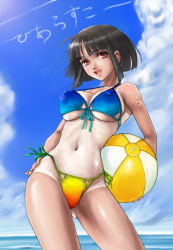 Rule 34 | 1girl, :d, ahoge, ball, beachball, bikini, black hair, blue sky, blunt bangs, bob cut, breasts, cleavage, cloud, contrail, contrapposto, covered erect nipples, cowboy shot, day, front-tie bikini top, front-tie top, groin, hand on own hip, highleg, highleg bikini, holding, horizon, large breasts, leaning, looking at viewer, multicolored bikini, multicolored clothes, navel, ocean, one-piece tan, open mouth, original, outdoors, parted bangs, rasukaru, red eyes, ribs, short hair, side-tie bikini bottom, sidelocks, sky, smile, solo, standing, strap gap, string bikini, sun tattoo, sunlight, swimsuit, tan, tan tattoo, tanline, tattoo, translation request, underboob, water
