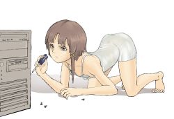 Rule 34 | 1girl, all fours, asymmetrical hair, barefoot, breasts, brown eyes, brown hair, computer, computer tower, downblouse, dress, hanging breasts, highres, iwakura lain, no bra, screw, screwdriver, serial experiments lain, short hair, simple background, sleeveless, sleeveless dress, small breasts, solo, trashman333, white background, white dress