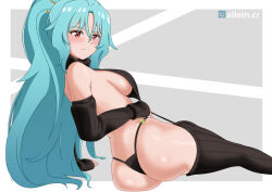 Rule 34 | 1girl, alleincr, arm support, artist name, ass, black panties, black sleeves, black sweater, black thighhighs, blue hair, breasts, closed mouth, detached sleeves, dragon girl, eyebrows, eyelashes, feet out of frame, female focus, from behind, grey background, hand on own waist, large breasts, leaning to the side, light blue hair, long hair, looking at viewer, looking back, meme attire, panties, ponytail, red eyes, sideless outfit, simple background, sitting, solo, sweater, thigh strap, thighhighs, tomoe (tsuki ga michibiku isekai douchuu), tsuki ga michibiku isekai douchuu, two-tone background, underwear, virgin destroyer sweater, white background