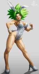 Rule 34 | 1girl, absurdres, animal ears, breasts, detached collar, dragon ball, dragon ball super, earrings, elite nappa, fake animal ears, green hair, highres, jewelry, kefla (dragon ball), large breasts, leotard, long hair, looking at viewer, muscular, muscular female, navel, open mouth, playboy bunny, potara earrings, rabbit ears, simple background, smile, solo, spiked hair, strapless, strapless leotard, super saiyan, tail, wrist cuffs
