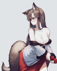 Rule 34 | 1girl, ahoge, animal ear fluff, animal ears, bare shoulders, black nails, blush, breasts, brooch, brown hair, cleavage, closed mouth, clothes lift, collarbone, cowboy shot, dress, eyelashes, fingernails, grey background, hair between eyes, heoningu, imaizumi kagerou, jewelry, large breasts, large tail, lifting own clothes, long fingernails, long hair, long sleeves, muted color, nail polish, off-shoulder shirt, off shoulder, red eyes, red skirt, sharp fingernails, shirt, simple background, skirt, skirt hold, skirt lift, solo, standing, tail, third-party edit, touhou, wide sleeves, wolf ears, wolf tail