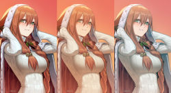 1girl absurdres arms_up artist_name bell breasts brown_hair cloak comparison fur_trim girls&#039;_frontline green_eyes hair_bell hair_between_eyes hair_ornament haje highres hood hooded_cloak jingle_bell large_breasts long_hair looking_at_viewer multiple_views official_alternate_costume parted_lips ribbed_sweater signature smile springfield_(girls&#039;_frontline) springfield_(o_holy_night)_(girls&#039;_frontline) sweater upper_body white_sweater