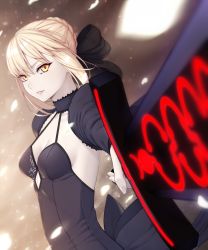 Rule 34 | 1girl, amase (yagami666), artoria pendragon (all), artoria pendragon (fate), back bow, black bow, black dress, black sleeves, blonde hair, bow, braid, braided bun, breasts, choker, cleavage, dress, excalibur (fate/stay night), fate/stay night, fate (series), hair bow, hair bun, holding, holding sword, holding weapon, medium breasts, parted lips, saber alter, short hair, shrug (clothing), sidelocks, sleeveless, sleeveless dress, smile, solo, standing, sword, upper body, weapon, white petals, yellow theme
