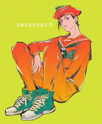 Rule 34 | 1boy, anchor symbol, black hair, commentary request, english text, full body, green background, hat, jojo no kimyou na bouken, jojolion, kira yoshikage (jojolion), long sleeves, looking at viewer, male focus, mizudama, sailor, sailor collar, sailor hat, shoes, simple background, sitting, sneakers, solo