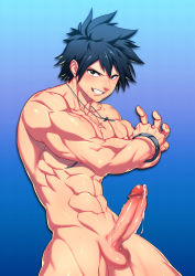 Rule 34 | 1boy, abs, cum, erection, fairy tail, gray fullbuster, highres, looking at viewer, lvlv, male focus, muscular, nude, penis, smile, solo, teeth, testicles, uncensored