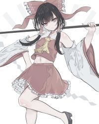 Rule 34 | 1girl, arm up, ascot, bare shoulders, black hair, bow, breasts, brown eyes, brown footwear, closed mouth, collar, collared shirt, detached sleeves, frills, gohei, hair between eyes, hair ornament, hair tubes, hakurei reimu, hand on own hip, hand up, hegata (hegatia lapis), highres, leg up, long sleeves, looking at viewer, medium breasts, midriff peek, navel, red bow, red shirt, red skirt, shirt, shoes, short hair, simple background, skirt, solo, standing, standing on one leg, touhou, white background, wide sleeves, yellow ascot