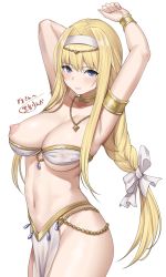 Rule 34 | 1girl, absurdres, alice zuberg, armlet, armpits, arms up, blonde hair, blue eyes, blush, braid, braided ponytail, breasts, cleavage, commission, covered erect nipples, embarrassed, gold choker, hair ornament, hair ribbon, hairband, highres, jewelry, kurone rinka, large breasts, long hair, looking at viewer, navel, necklace, nipple slip, nipples, pelvic curtain, revealing clothes, ribbon, signature, skeb commission, solo, sword art online, sword art online: alicization, white background, white hairband, white ribbon