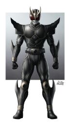Rule 34 | 1boy, arcle (kuuga), arm blade, armor, belt, black armor, black bodysuit, bodysuit, breastplate, clenched hands, compound eyes, fake horns, full armor, full body, gauntlets, gloves, gold horns, helmet, highres, horned helmet, horns, kamen rider, kamen rider kuuga, kamen rider kuuga (series), kamen rider kuuga (ultimate form), male focus, pauldrons, plate armor, power armor, red eyes, rider belt, shoulder armor, solo, spikes, standing, taikyokuturugi, tokusatsu, weapon