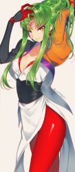 Rule 34 | 1girl, adjusting hair, arms up, asymmetrical gloves, blush, breasts, c.c., cleavage, code geass, cosplay, creayus, earrings, facial mark, forehead mark, gloves, green hair, highres, jewelry, long hair, looking at viewer, mismatched gloves, naughty face, pantyhose, red pantyhose, ryouko (tenchi muyou!), ryouko (tenchi muyou!) (cosplay), smile, solo, tenchi muyou!, yellow eyes
