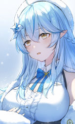 Rule 34 | 1girl, ahoge, bare shoulders, beret, blue bow, blue bowtie, blue hair, blush, bow, bowtie, braid, breasts, brown eyes, center frills, cleavage, cleavage cutout, clothing cutout, elf, flower, frills, fur trim, hair flower, hair ornament, half updo, hat, highres, hololive, large breasts, long hair, looking afar, looking away, nail polish, open mouth, pointy ears, shirt, snozaki, solo, upper body, virtual youtuber, white flower, white hat, white shirt, yukihana lamy