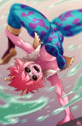Rule 34 | 1girl, absurdres, acid, antennae, arm support, artist name, ashido mina, black sclera, boku no hero academia, breasts, brown eyes, cameltoe, cleavage, cleft of venus, collarbone, colored sclera, colored skin, dancing, fur trim, highres, jmg, large breasts, looking at viewer, mask, motion blur, open mouth, pink hair, pink skin, short hair, smile, solo, teeth