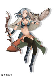 Rule 34 | 1girl, ange vierge, animal, animal on hand, armor, bird, black thighhighs, boots, bow (weapon), braid, breasts, bride, choker, cloak, full body, highres, holding, holding weapon, jchoy, multiple braids, navel, open mouth, owl, pointy ears, short hair, silver hair, simple background, solo, thighhighs, weapon