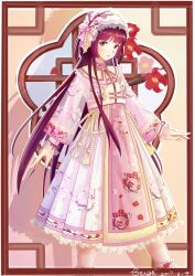 Rule 34 | 1girl, absurdres, artist name, bow, brown eyes, dated, dress, floral print, flower, frills, gugu (mirukai), hat, hat bow, highres, long hair, long sleeves, looking at viewer, miracle nikki, pink bow, pink dress, plum blossoms, purple hair, see-through, solo, standing, very long hair, white hat