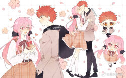 1boy 1girl blush bow breasts couple dress emiya_shirou fate/stay_night fate_(series) french_kiss hair_ornament halo hetero igote kiss kissing_forehead long_hair long_sleeves non-web_source orange_hair original pink_eyes pink_hair red_hair ribbon skirt smile