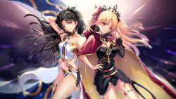 Rule 34 | 2girls, augu (523764197), bare shoulders, black hair, blonde hair, blush, breasts, cleavage, closed mouth, collarbone, earrings, ereshkigal (fate), fate/grand order, fate (series), hand on own hip, highres, ishtar (fate), jewelry, large breasts, long hair, looking at viewer, multiple girls, navel, red eyes, smile, tohsaka rin