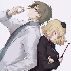 Rule 34 | 1boy, 1girl, :d, absurdres, back-to-back, black headwear, black jacket, black necktie, blonde hair, blue shirt, bob cut, brown eyes, brown necktie, cathy (satsuriku no tenshi), closed mouth, collared shirt, crossed arms, danny (satsuriku no tenshi), eyeball, glasses, hair between eyes, hand in pocket, hat, highres, holding, holding eyeball, holding riding crop, jacket, lab coat, lapels, long sleeves, looking at viewer, mini hat, necktie, notched lapels, open mouth, parted bangs, pink lips, profile, qianlilingjiang, riding crop, satsuriku no tenshi, shirt, short hair, sideways glance, simple background, smile, upper body, white background, white shirt