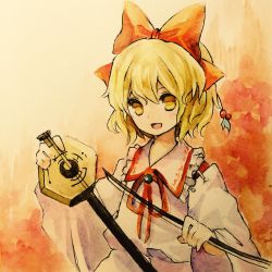 Rule 34 | 1girl, ancient, blonde hair, bow, bow (music), collared shirt, commentary request, detached sleeves, erhu, hair bow, happy, highres, japanese clothes, kaigen 1025, kariginu, long sleeves, open mouth, red bow, ribbon, satsuki rin, shirt, short hair, touhou, traditional media, wide sleeves, yellow eyes