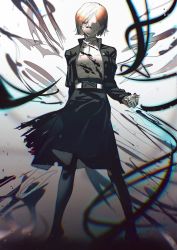 Rule 34 | 1girl, arm behind back, aura, bad id, bad twitter id, between fingers, black jacket, black pantyhose, black skirt, blood, blood on clothes, blood on face, bob cut, breasts, brown hair, chromatic aberration, collared shirt, floating clothes, full body, hair between eyes, highres, holding, jacket, jujutsu kaisen, kugisaki nobara, legs apart, long sleeves, looking at viewer, open clothes, open jacket, pantyhose, school uniform, shaded face, shirt, short hair, skirt, smirk, solo, standing, tansiki, torn clothes, torn skirt, white shirt