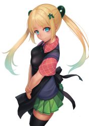 Rule 34 | 1girl, apron, black apron, black skirt, black thighhighs, blonde hair, blue eyes, clothes writing, collared shirt, green skirt, highres, long hair, looking at viewer, miniskirt, original, own hands together, parted bangs, pleated skirt, ranma (kamenrideroz), red shirt, shirt, short sleeves, skirt, smile, solo, standing, sweater vest, thighhighs, twintails, white background, zettai ryouiki