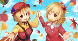 Rule 34 | 2girls, absurdres, aki minoriko, aki shizuha, apple, apron, blonde hair, blue sky, breasts, chestnut, cloud, commentary request, day, dress, food, fruit, ginkgo leaf, hair ornament, hat, highres, holding hands, leaf, leaf hair ornament, long sleeves, looking at viewer, luke (kyeftss), maple leaf, medium breasts, mob cap, mouth hold, multiple girls, one eye closed, open mouth, outdoors, outstretched hand, reaching, reaching towards viewer, red apple, red apron, red dress, red eyes, red headwear, shirt, short hair, siblings, sisters, sky, standing, teeth, touhou, upper body, upper teeth only, yellow eyes, yellow shirt, yuzu (fruit)