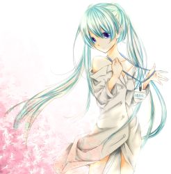 Rule 34 | 1girl, blue eyes, green hair, hatsune miku, highres, long hair, mil2, off shoulder, solo, twintails, vocaloid