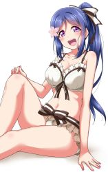 Rule 34 | 1girl, :d, arm at side, bare arms, bare legs, bare shoulders, bikini, black ribbon, blue hair, blush, breasts, cleavage, collarbone, feet out of frame, flower, frilled bikini, frills, hair flower, hair ornament, hair ribbon, highres, knees up, looking at viewer, love live!, love live! school idol festival, love live! sunshine!!, matsuura kanan, medium breasts, nail polish, navel, open mouth, parted bangs, pink nails, ponytail, purple eyes, ribbon, round teeth, sidelocks, simple background, smile, solo, stomach, swimsuit, teeth, thighs, upper teeth only, white background, white bikini, white ribbon, yopparai oni