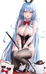 Rule 34 | 1girl, :o, absurdres, ahoge, alternate costume, bare shoulders, between legs, black leotard, black thighhighs, blue hair, bow, bowtie, breasts, cane, commentary, crossed bangs, detached collar, elf, full body, hand between legs, heart, heart ahoge, high heels, highres, holding, holding cane, hololive, large breasts, leotard, long hair, looking at viewer, playboy bunny, pointy ears, red bow, red bowtie, squatting, sunglasses, symbol-only commentary, thighhighs, very long hair, virtual youtuber, wanne, wrist cuffs, yellow eyes, yukihana lamy, yukimin (yukihana lamy)
