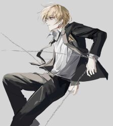 Rule 34 | 1other, absurdres, androgynous, black suit, blonde hair, chain, chhiii o o, cowboy shot, crystal earrings, earrings, formal, from side, highres, hunter x hunter, jewelry, kurapika, long sleeves, necktie, open clothes, profile, red eyes, short hair, simple background, solo, suit, white background