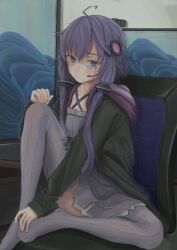 Rule 34 | 1girl, ahoge, black hoodie, breasts, chair, closed mouth, commentary, criss-cross halter, dress, full body, furrowed brow, grey eyes, hair ornament, halter dress, halterneck, hand on own foot, hand on own knee, hand up, headset, hood, hood down, hoodie, indoors, knee up, light blush, light frown, looking at viewer, miu (miu illust 1), monitor, no shoes, office chair, on chair, open clothes, open hoodie, purple dress, purple hair, purple hoodie, ribbed dress, ribbed thighhighs, short dress, short hair with long locks, sitting, small breasts, solo, swivel chair, symbol-only commentary, tearing up, two-tone hoodie, vocaloid, voiceroid, webcam, windows desktop, yuzuki yukari