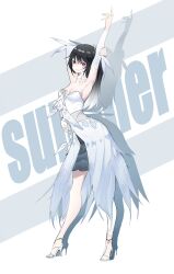 Rule 34 | 1girl, absurdres, bare shoulders, black hair, black shirt, breasts, cdlo, cleavage, closed mouth, detached sleeves, dress, gradient hair, high heels, highres, long hair, long sleeves, looking at viewer, lucia: plume (dance of ripplets) (punishing: gray raven), lucia (punishing: gray raven), medium breasts, multicolored hair, punishing: gray raven, red eyes, sandals, shirt, single thighhigh, solo, thighhighs, white dress, white hair, white thighhighs