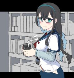 Rule 34 | 1girl, alternate hairstyle, black hair, blue eyes, blue sailor collar, blue skirt, braid, breasts, commentary request, glasses, green hairband, hairband, hip vent, kantai collection, long hair, long sleeves, low twintails, necktie, ooyodo (kancolle), red necktie, sailor collar, school uniform, serafuku, shelf, shikishima fugen, shirt, skirt, small breasts, smile, solo, tumbler, twin braids, twintails, upper body, white shirt