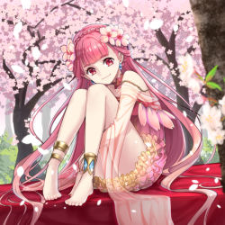 Rule 34 | 1girl, anklet, barefoot, blunt bangs, braid, cherry blossoms, day, dress, earrings, floating hair, flower, french braid, hair flower, hair ornament, hugging own legs, jewelry, layered dress, long hair, looking at viewer, mamo (fortune-mm), original, outdoors, pink dress, pink flower, pink hair, red eyes, see-through, short dress, sitting, smile, solo, very long hair