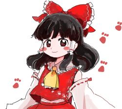 Rule 34 | 1girl, ascot, bare shoulders, black hair, blush stickers, bow, closed mouth, commentary request, detached sleeves, frilled bow, frilled hair tubes, frilled shirt collar, frills, hair bow, hair tubes, hakurei reimu, long hair, long sleeves, looking at viewer, midriff, one-hour drawing challenge, paw print, red bow, red eyes, red skirt, red vest, rome35793562, simple background, skirt, skirt set, smile, solo, touhou, upper body, vest, white background, yellow ascot