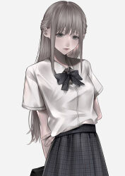 Rule 34 | 1girl, absurdres, arms behind back, bow, bowtie, breasts, brown eyes, brown hair, closed mouth, collared shirt, commentary, cowboy shot, grey bow, grey bowtie, grey skirt, half updo, highres, long hair, looking at viewer, mano aaa, original, plaid, plaid bow, plaid bowtie, plaid skirt, school uniform, shirt, shirt tucked in, short sleeves, simple background, skirt, small breasts, solo, standing, straight hair, white background, white shirt