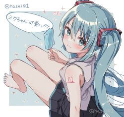 Rule 34 | 1girl, aqua eyes, aqua hair, aqua nails, bare legs, bare shoulders, barefoot, black skirt, blush, breasts, closed mouth, collared shirt, feet, food, grey shirt, hair between eyes, hair ornament, hasei (hasei01), hatsune miku, highres, holding, holding food, holding popsicle, legs, long hair, looking at viewer, miniskirt, nail polish, pleated skirt, popsicle, shirt, sitting, skirt, sleeveless, sleeveless shirt, small breasts, solo, speech bubble, toenail polish, toenails, toes, twintails, twitter username, very long hair, vocaloid