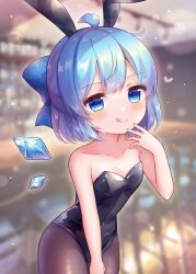 Rule 34 | 1girl, animal ears, black leotard, black pantyhose, blue bow, blue eyes, blue hair, blush, bow, cirno, closed mouth, coa (chroo x), cowboy shot, detached wings, fairy, fake animal ears, hair between eyes, hair bow, ice, ice wings, leotard, naughty face, pantyhose, playboy bunny, rabbit ears, shirt, short hair, smile, solo, strapless, strapless leotard, tongue, tongue out, touhou, wings
