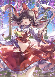 1girl :d absurdres ascot blue_sky bow brown_eyes brown_hair circle_skirt collared_shirt commentary_request cowboy_shot crop_top detached_sleeves floating_hair flower frilled_bow frilled_hair_tubes frilled_shirt_collar frilled_skirt frills gohei hair_bow hair_tubes hakurei_reimu hand_on_own_hip highres holding holding_gohei long_hair long_sleeves midriff nanop38 navel open_mouth outdoors outstretched_arm petals pink_flower purple_flower red_bow red_ribbon red_shirt red_skirt ribbon ribbon-trimmed_skirt ribbon-trimmed_sleeves ribbon_trim sarashi shirt sidelocks skirt skirt_set sky sleeveless sleeveless_shirt smile solo touhou very_long_hair white_sleeves wide_sleeves wisteria yellow_ascot