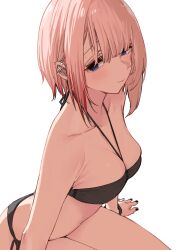 Rule 34 | 1girl, arm support, bare shoulders, bikini, black bikini, black nails, black wristband, blue eyes, blush, breasts, cleavage, closed mouth, collarbone, colored tips, commentary request, cross, ear piercing, fingernails, goshiki suzu, hair over one eye, highres, large breasts, leaning forward, lips, looking to the side, medium hair, multicolored hair, nail polish, original, piercing, pink hair, red hair, side-tie bikini bottom, simple background, sitting, sling bikini top, solo, stomach, streaked hair, swimsuit, thighs, two-tone hair, white background